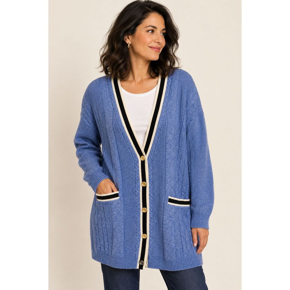 Talbots Blue Cable Knit Longline Cardigan Black White Trim Gold Buttons XL